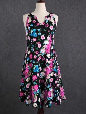 Black Floral Midi Dress with Pink & Blue Blooms Size 16 By Hearts And Roses